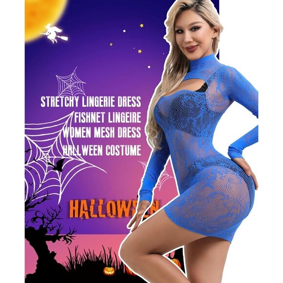 Blue Black Sexy Fishnet Lingerie Dress for Women Bodycon Hollow Out Nightwear - Picture 3 of 5